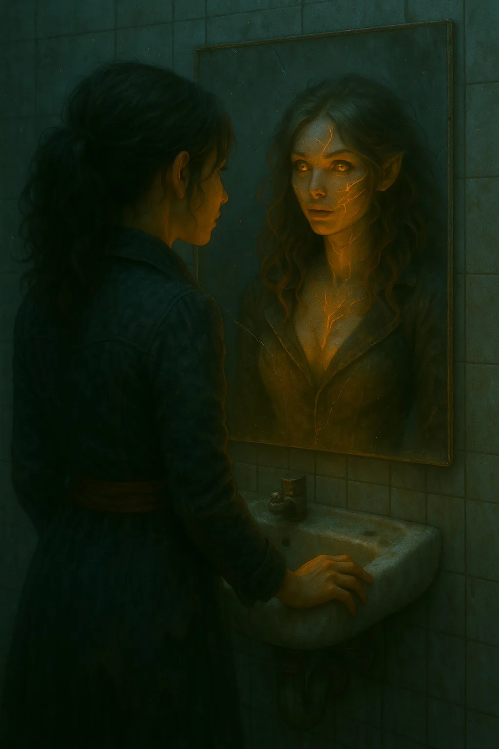 Aeris stands before a cracked mirror in a dim bathroom, her reflection transformed—glowing veins and golden eyes revealing a haunting other self.