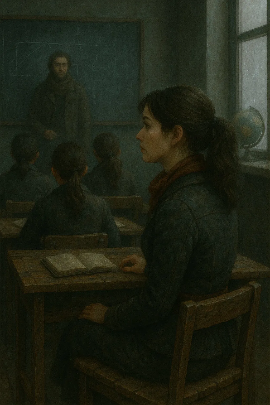 Aeris sits at a patched wooden desk in a cold, dim classroom, watching her teacher as snow falls outside the frosty window.