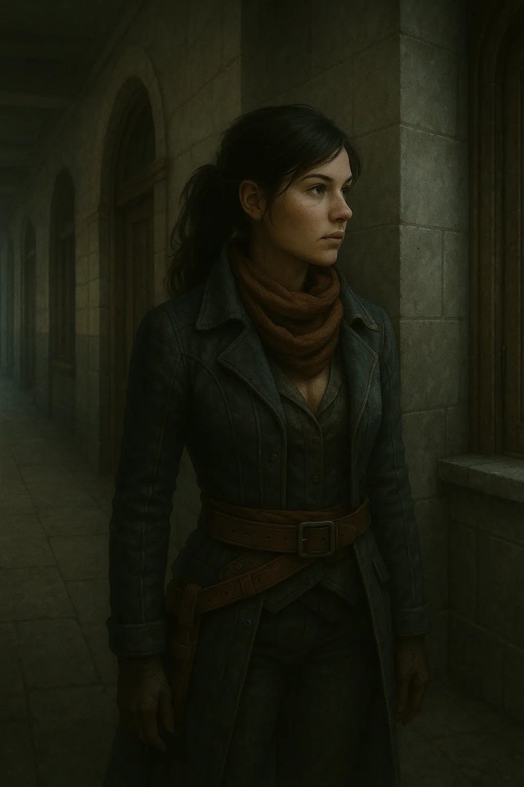 Aeris walks through a dim school hallway, clutching books, frost-dusted walls and shadows hinting at her hidden legacy.