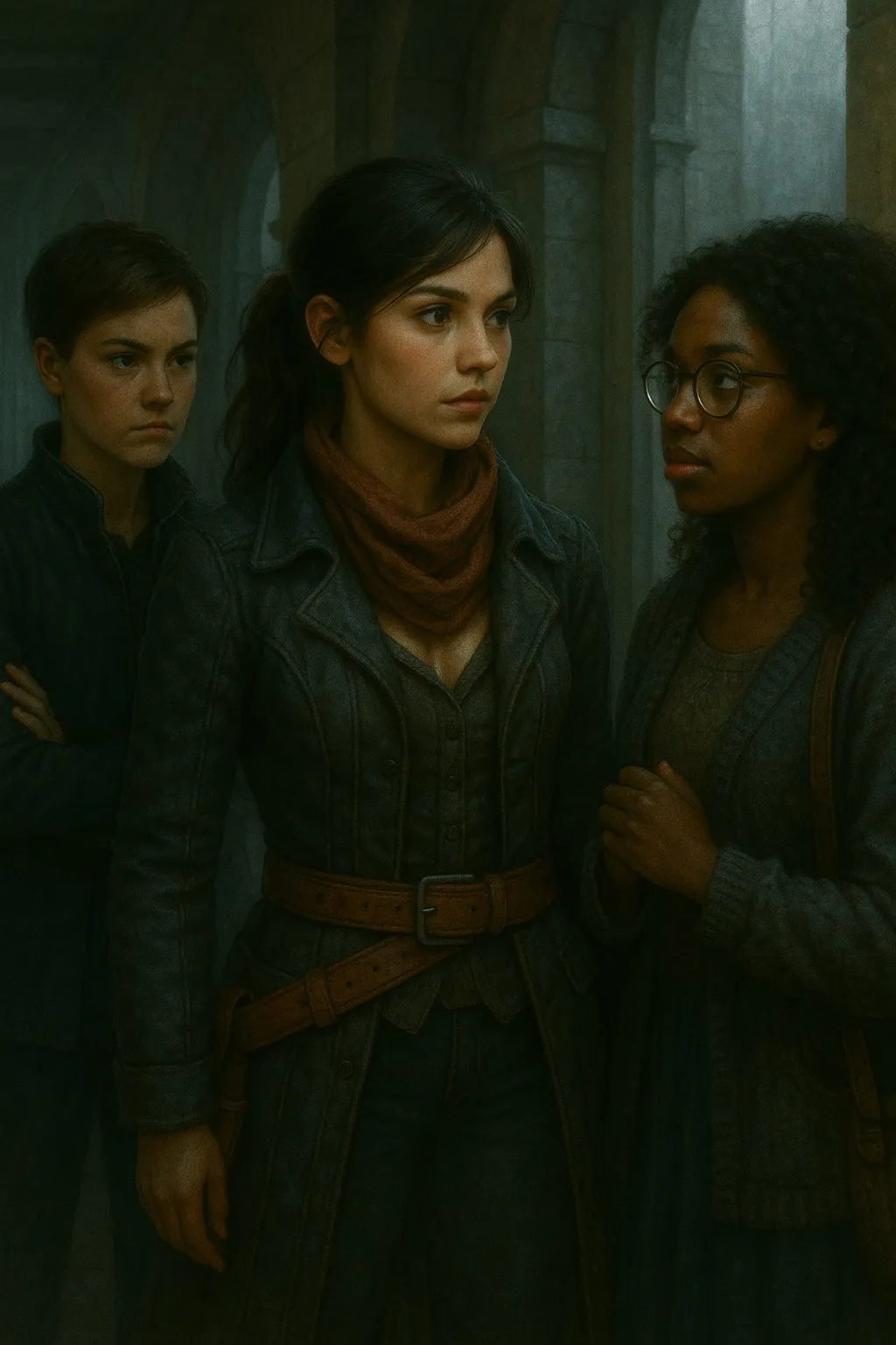 Aeris, Rowan, and Sera stand in a cold stone hallway, caught in tense conversation under fortress light.