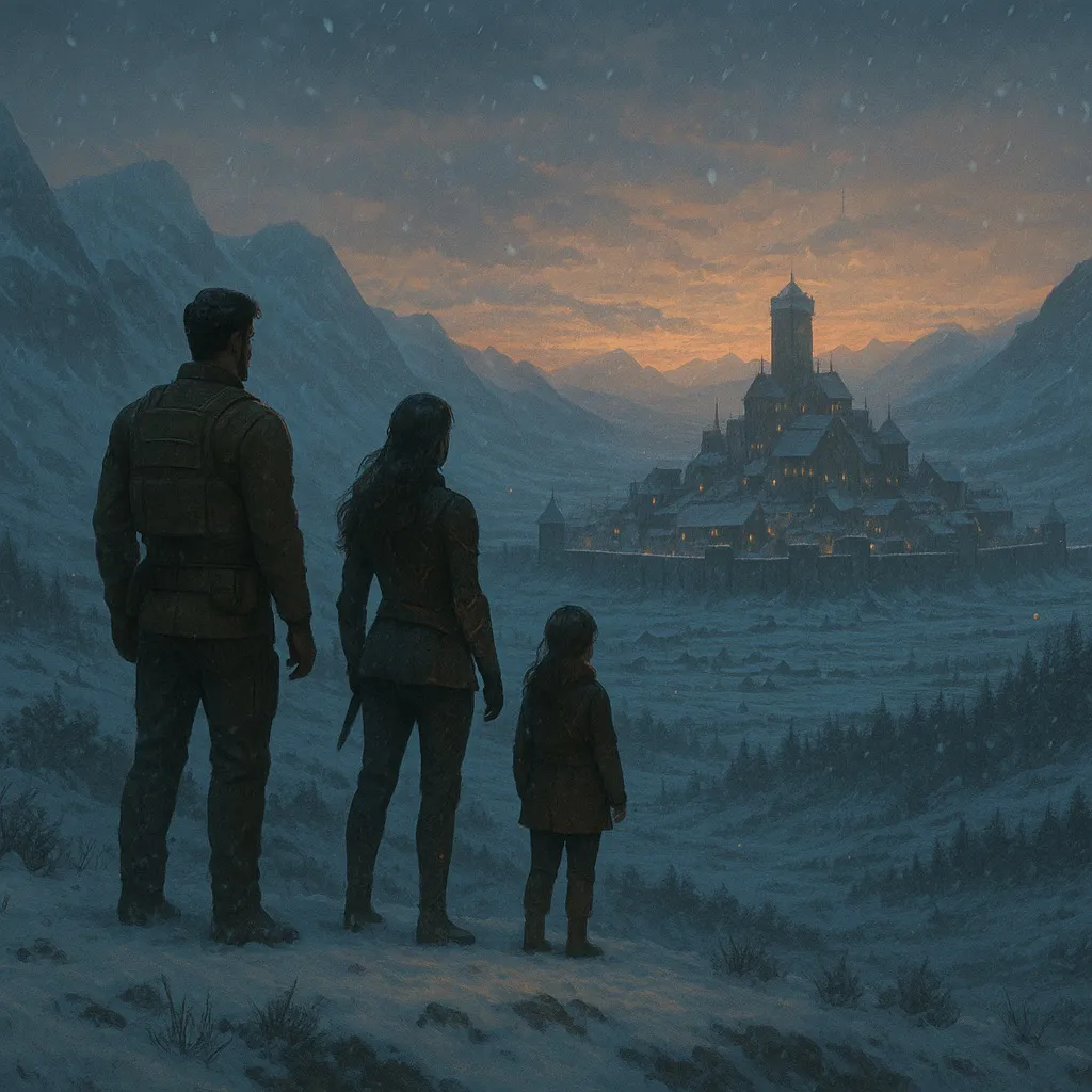 Family stands on a snowy hill at dusk, overlooking the walled settlement of Aurora in the mountains. Sporelight saga scene.