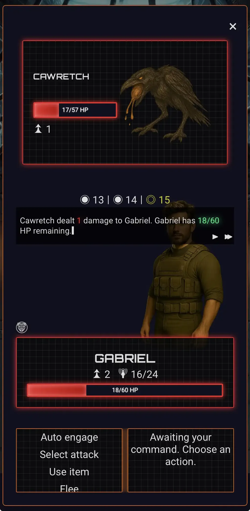Gabriel at 18/60 HP fights Cawretch at 17/57 HP in Ava: Sporelight combat screen, with battle log and action choices shown.