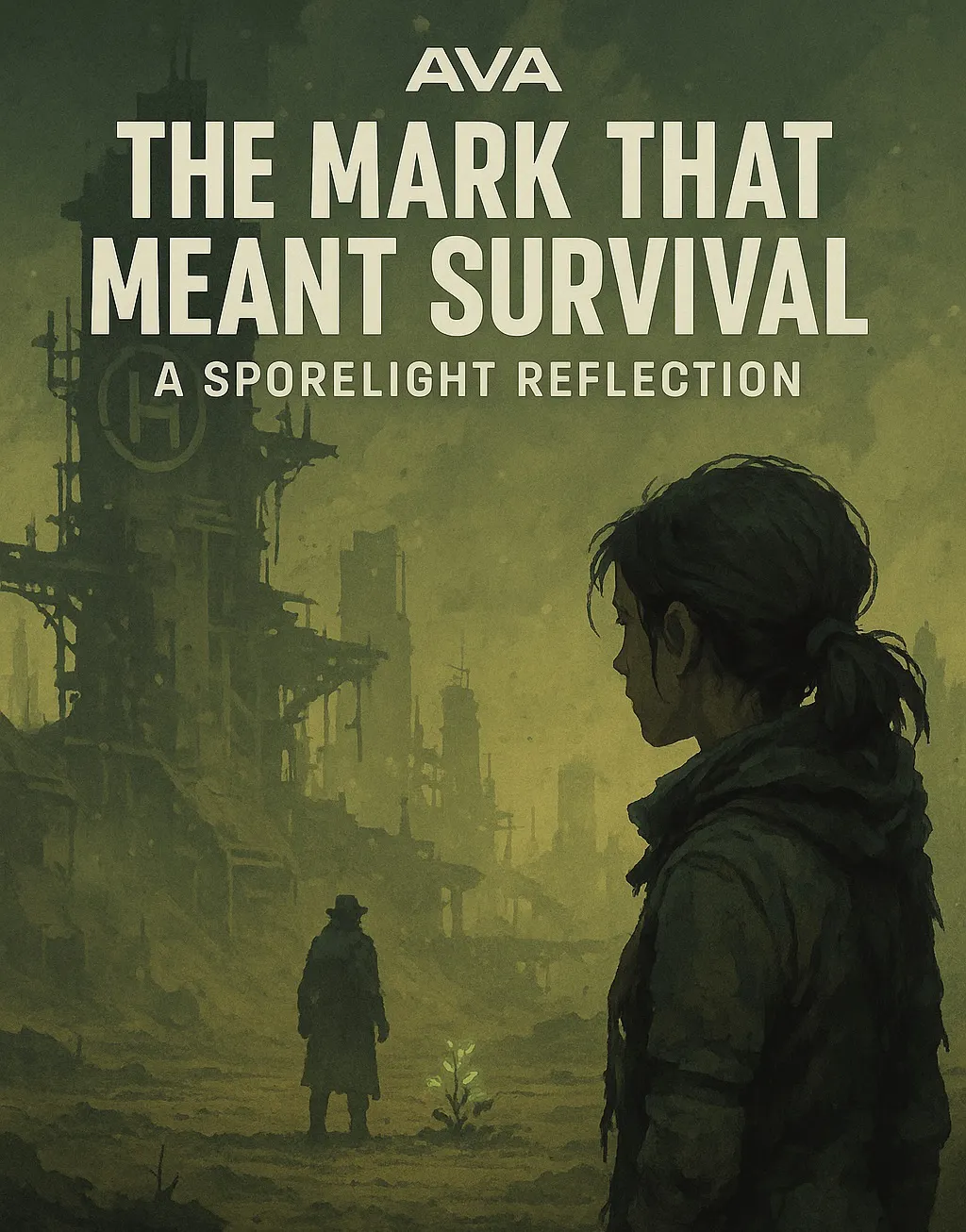 Amid crumbling ruins, a small glowing plant rises from the wasteland as two survivors stand watch in the Sporelight universe