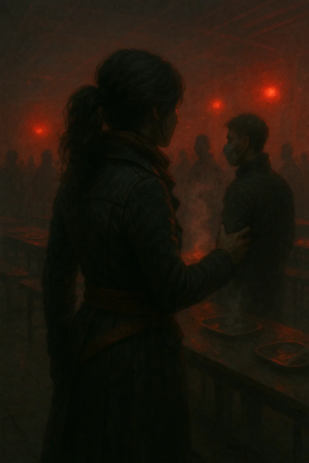 Aeris stands steady in the fortress cafeteria as red warning lights flash, students line up, and tension hums through the drill.