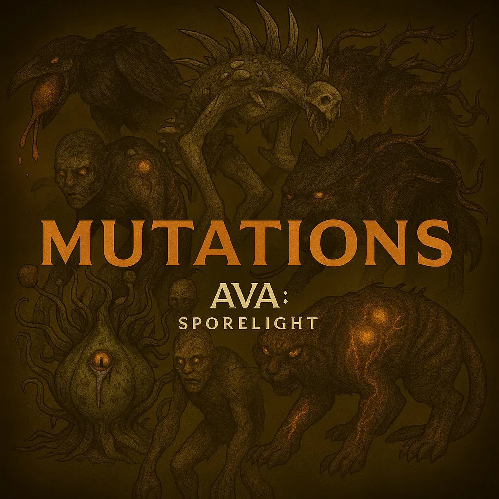 Illustrated bestiary of mutated creatures from Ava: Sporelight, featuring twisted humanoids, spore-born beasts, and alien horrors surrounding the word “Mutations.”